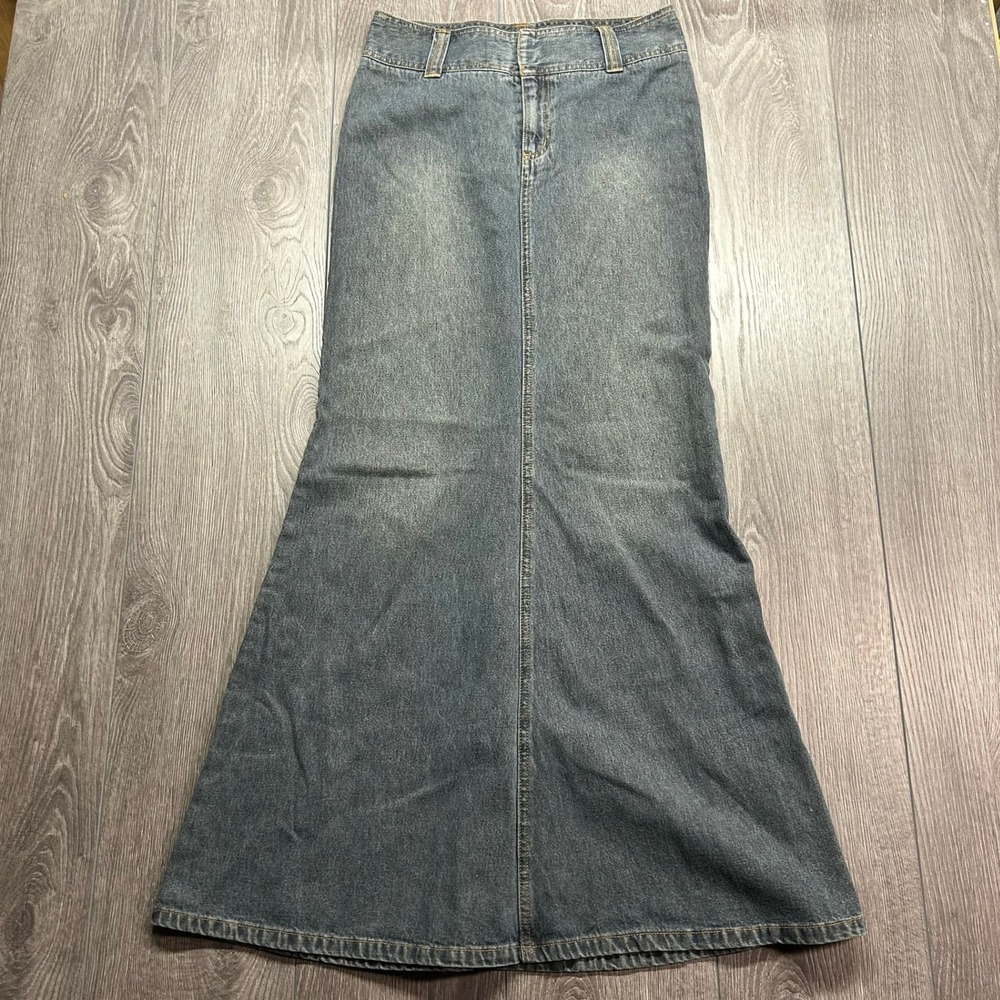 Smart Set Vintage Y2K Denim Maxi Skirt Blue Faded Mermaid Flare Size 3 28w